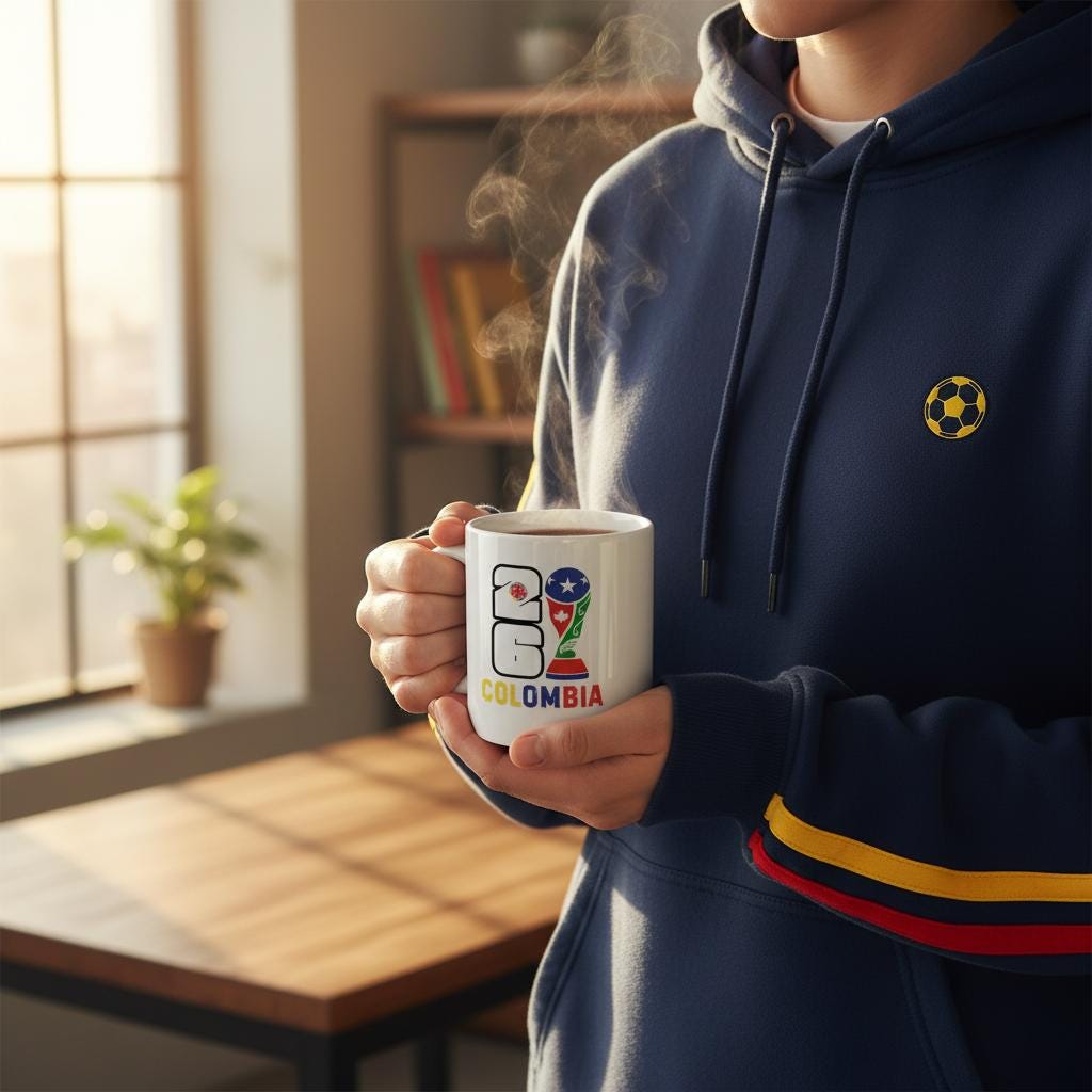 Person wearing a navy hoodie with a logo, holding a mug with steam, in a room with a window and bookshelf.