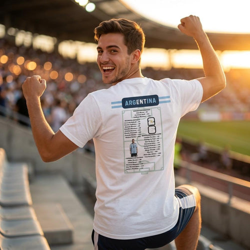 Person wearing a white t-shirt with 'Argentina' printed on it, standing in a stadium.