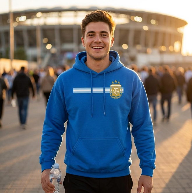 Person wearing a blue hoodie with a logo, standing in front of a stadium.