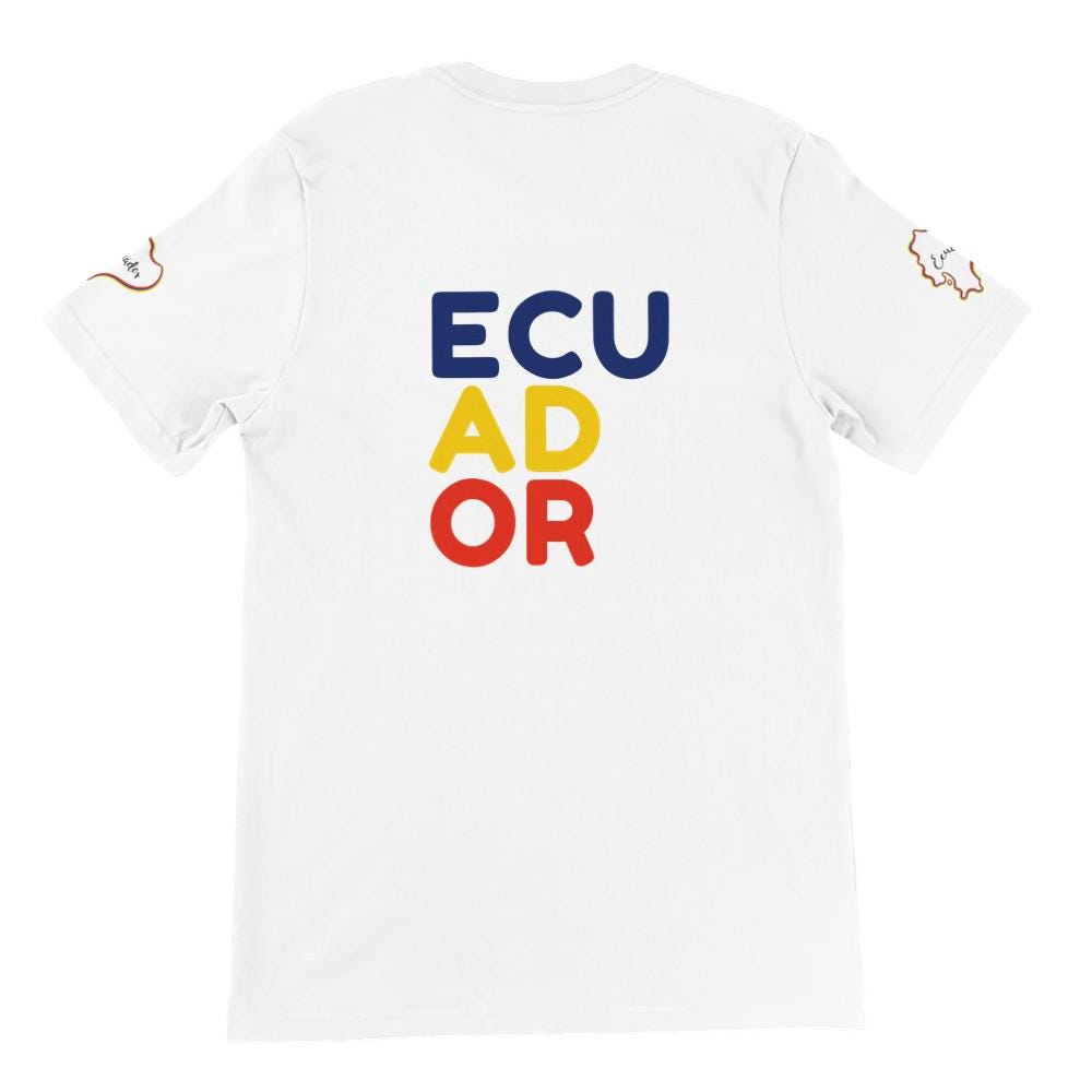 White t-shirt with 'ECUADOR' in colorful letters on a white background