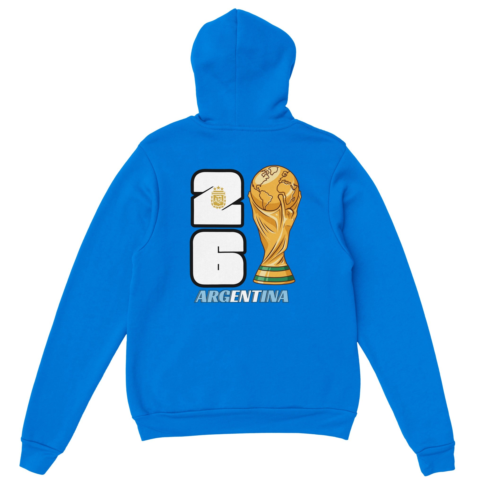 Blue hoodie with World Cup trophy and Argentina text on a white background