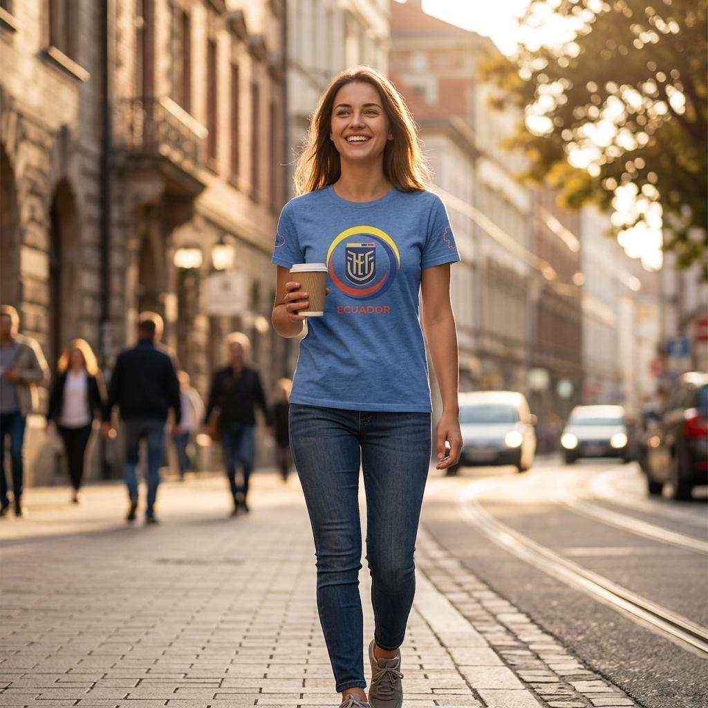 Woman walking on a city street holding a coffee cup, wearing a blue t-shirt with a logo.
