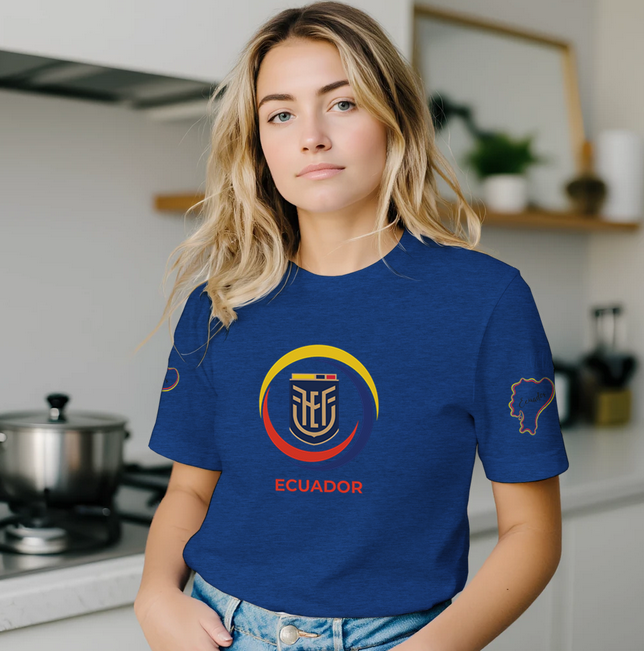 Woman wearing a blue t-shirt with Ecuadorian design in a kitchen