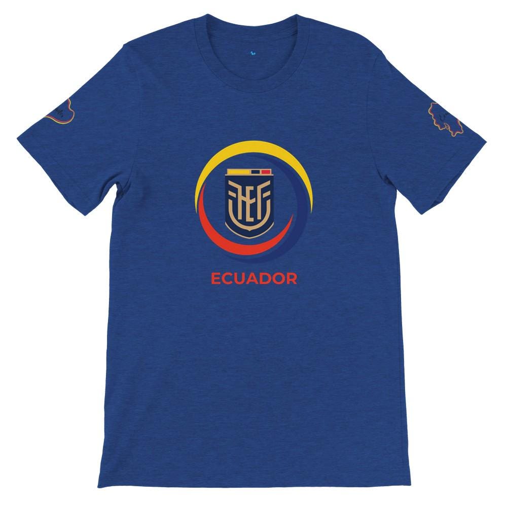 Blue t-shirt with Ecuadorian emblem and text on a white background