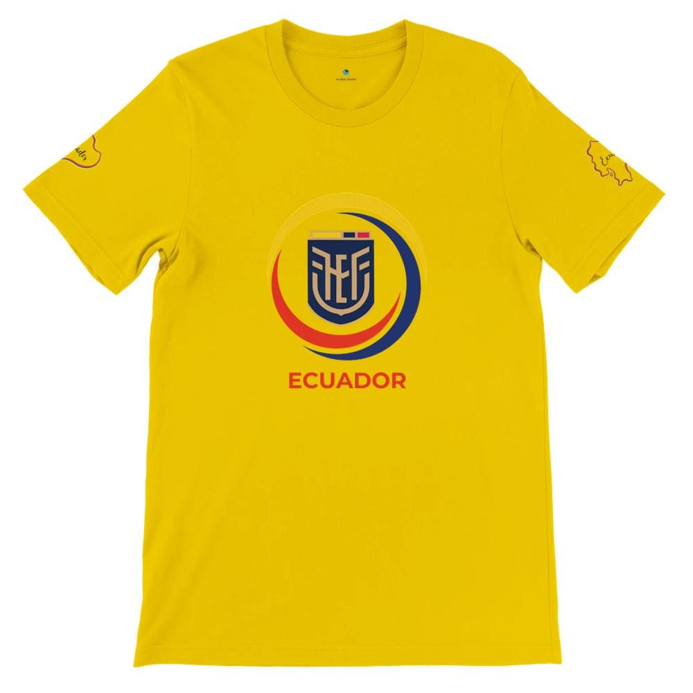 Yellow t-shirt with Ecuadorian flag design on a white background