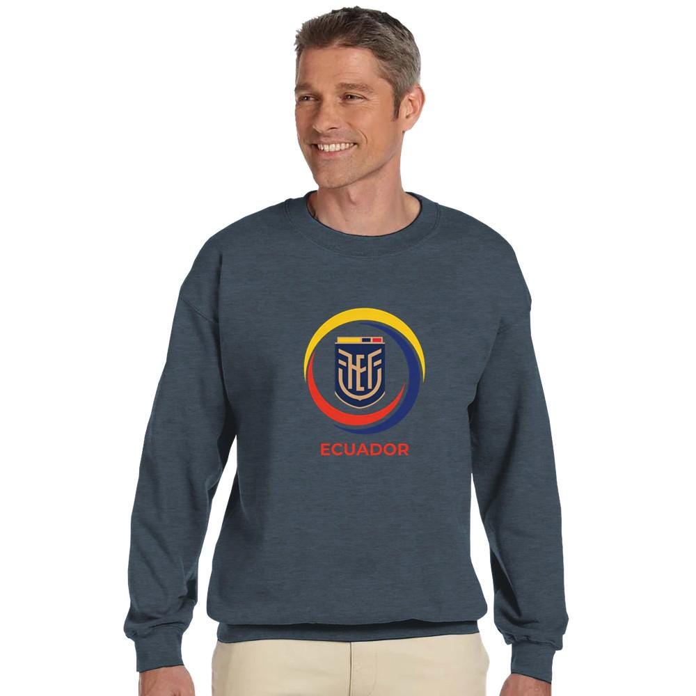 Man wearing a dark blue sweatshirt with a logo and 'Ecuador' text on a white background