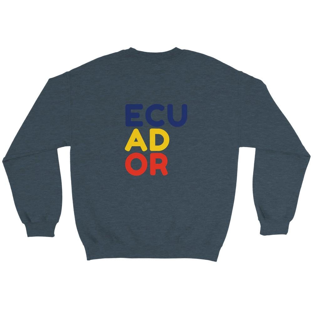 Navy blue sweatshirt with 'ECUADOR' in colorful letters on a white background