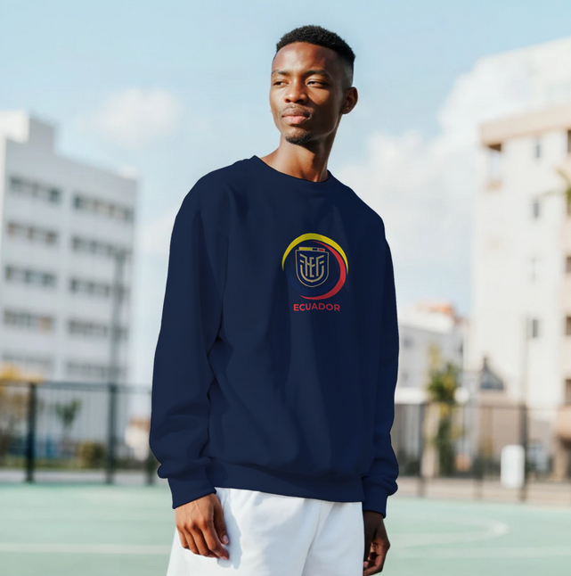 Person wearing a navy sweatshirt with a logo and text, standing outdoors.