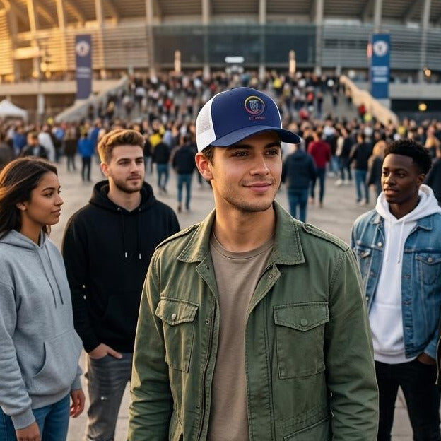 Group of people standing in front of a large stadium.
