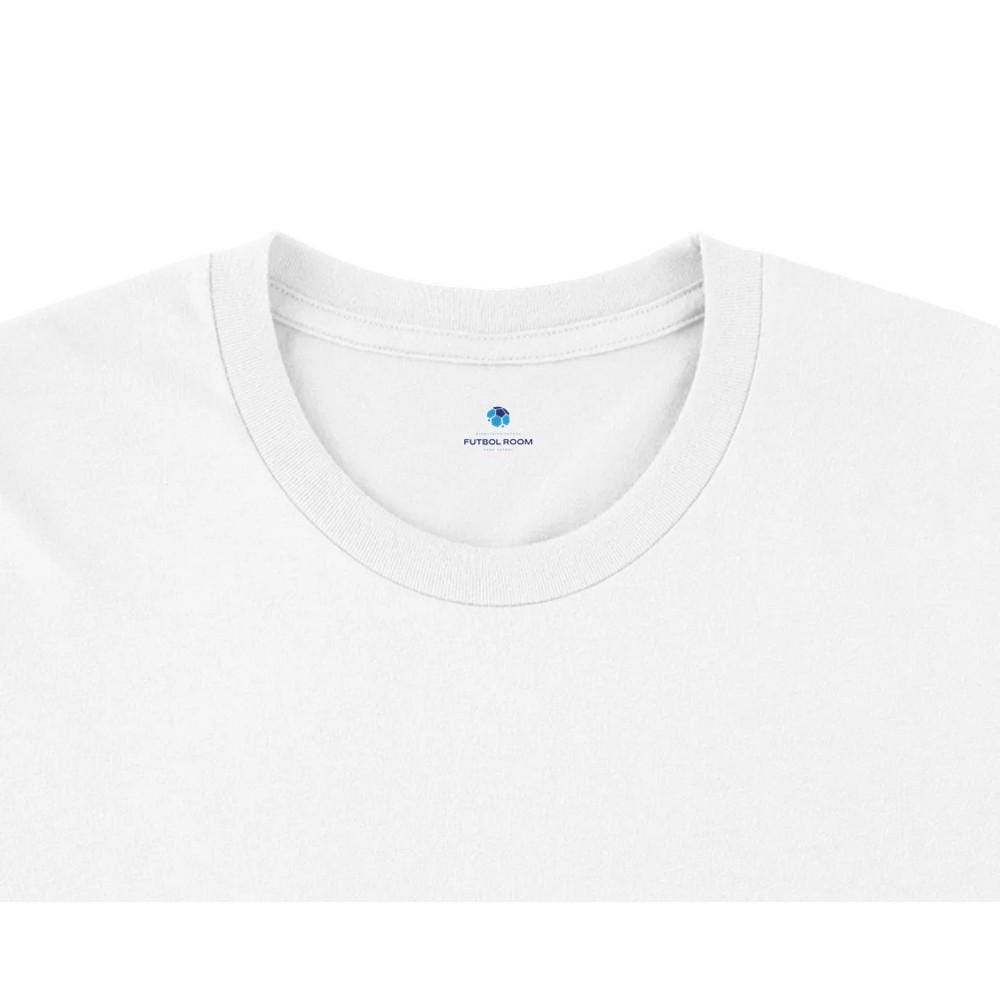 White t-shirt with a brand logo on the collar against a white background