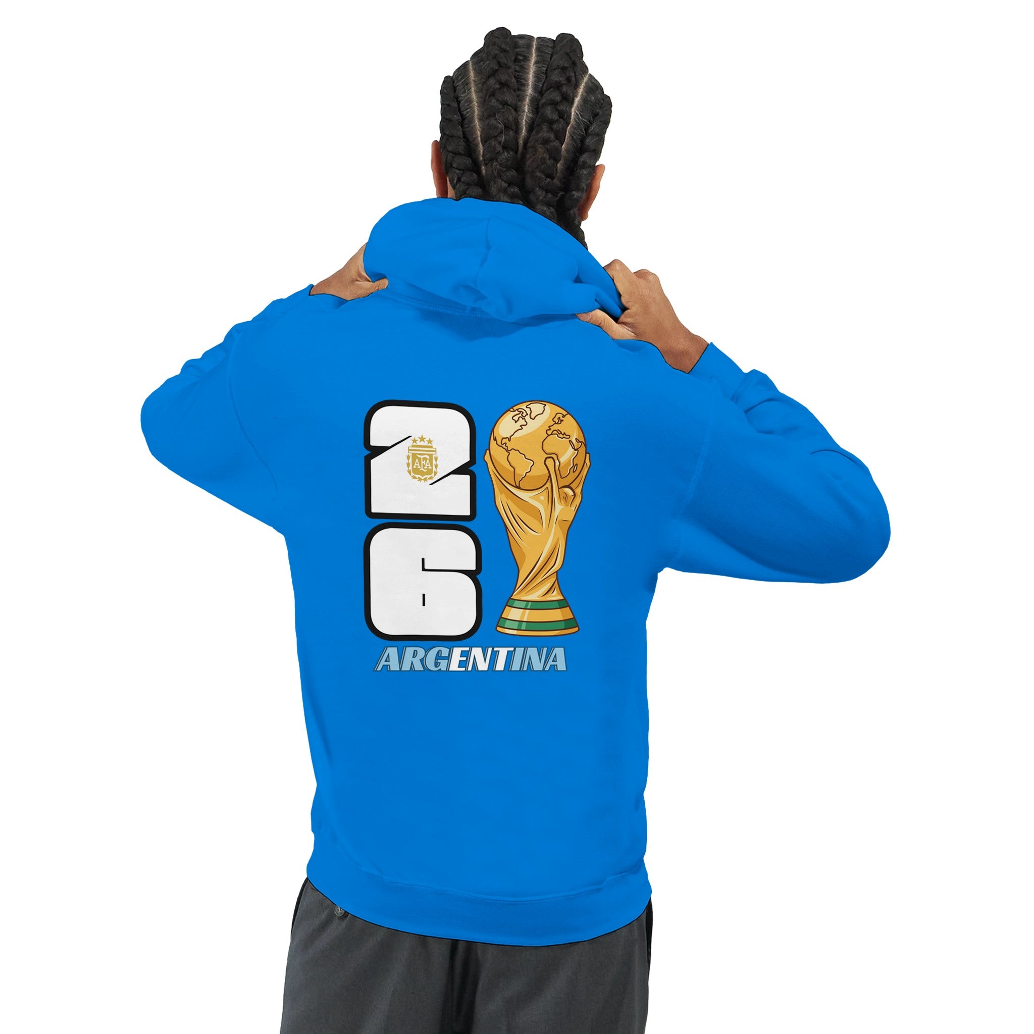 Person wearing a blue hoodie with World Cup 2016 Argentina design on the back