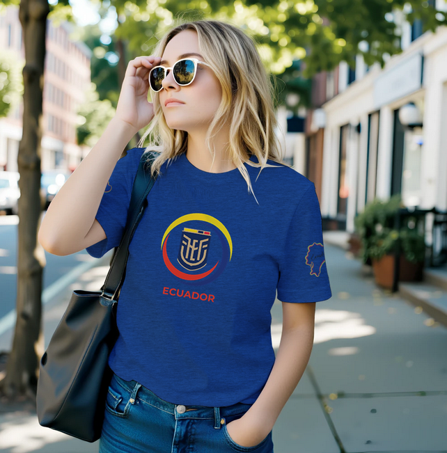 Woman wearing a blue t-shirt with Ecuadorian flag design on a city street.