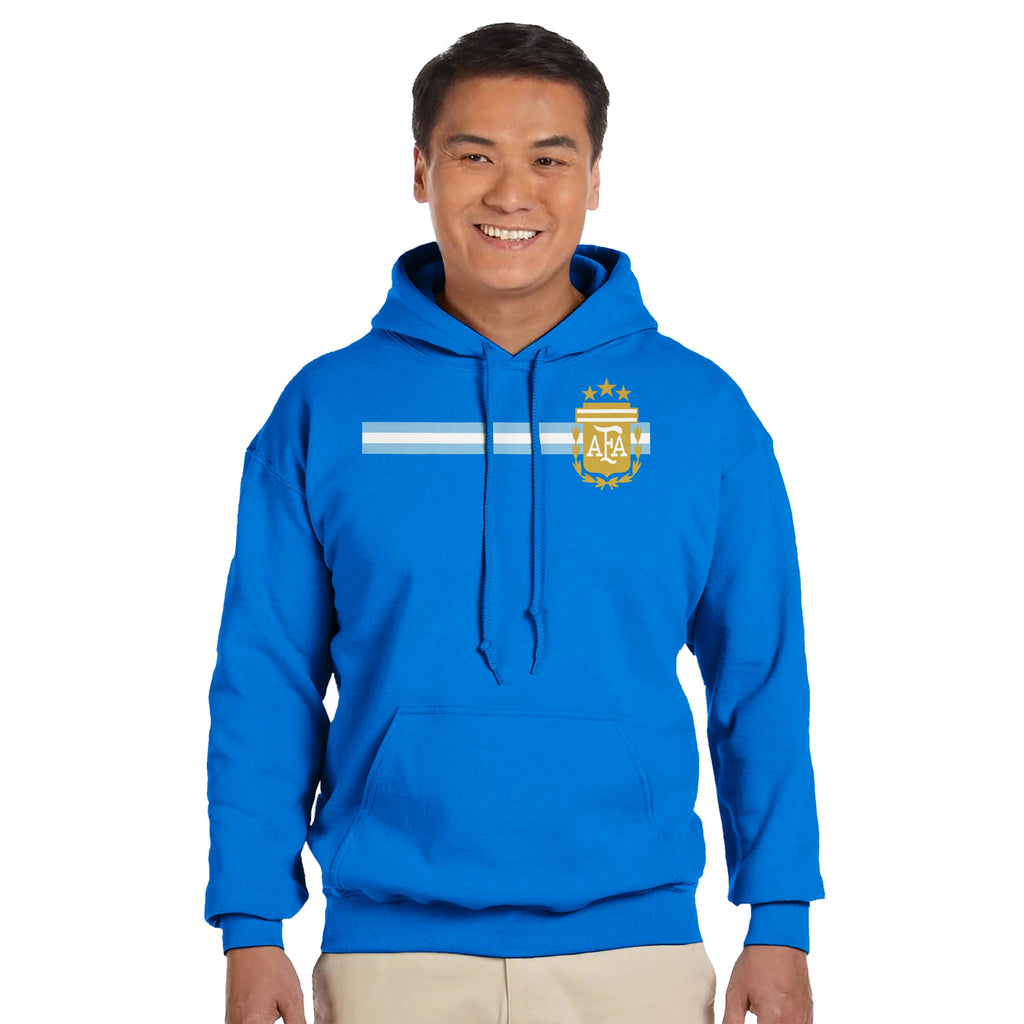 Person wearing a blue hoodie with a logo on a white background
