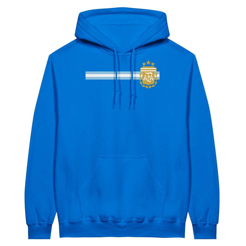 Blue hoodie with a logo and text on a white background