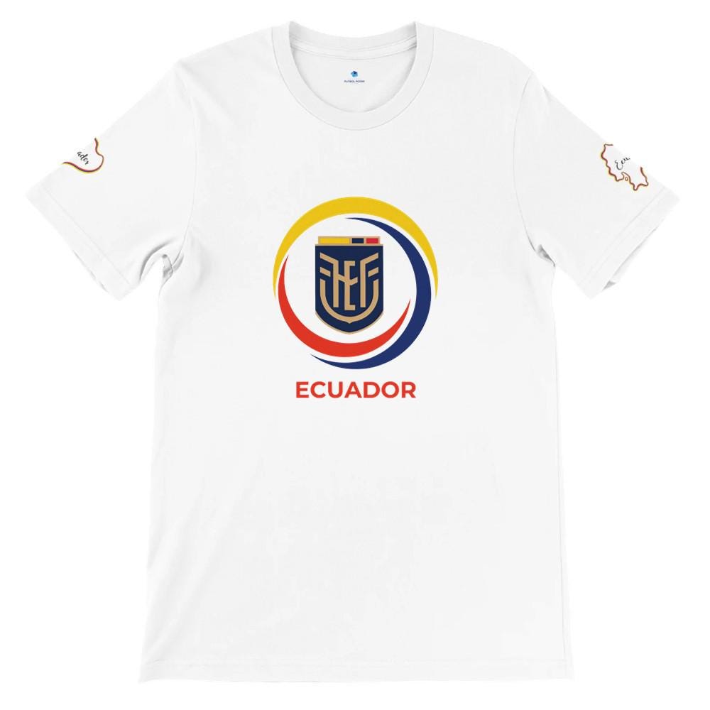 White t-shirt with Ecuador national team logo on a white background