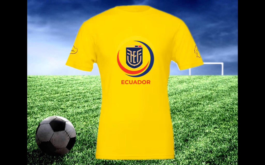 Yellow t-shirt with Ecuador logo on a grass field with a soccer ball