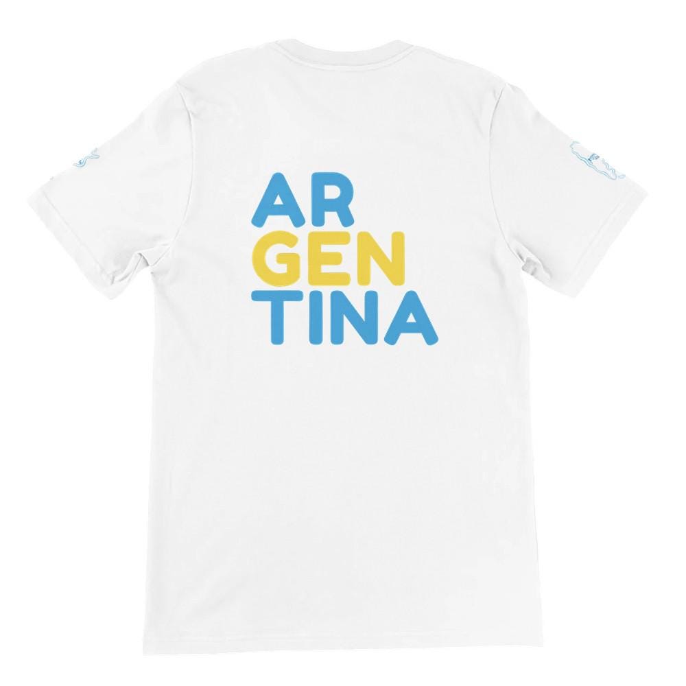 White t-shirt with 'ARGENTINA' printed in blue and yellow on a white background