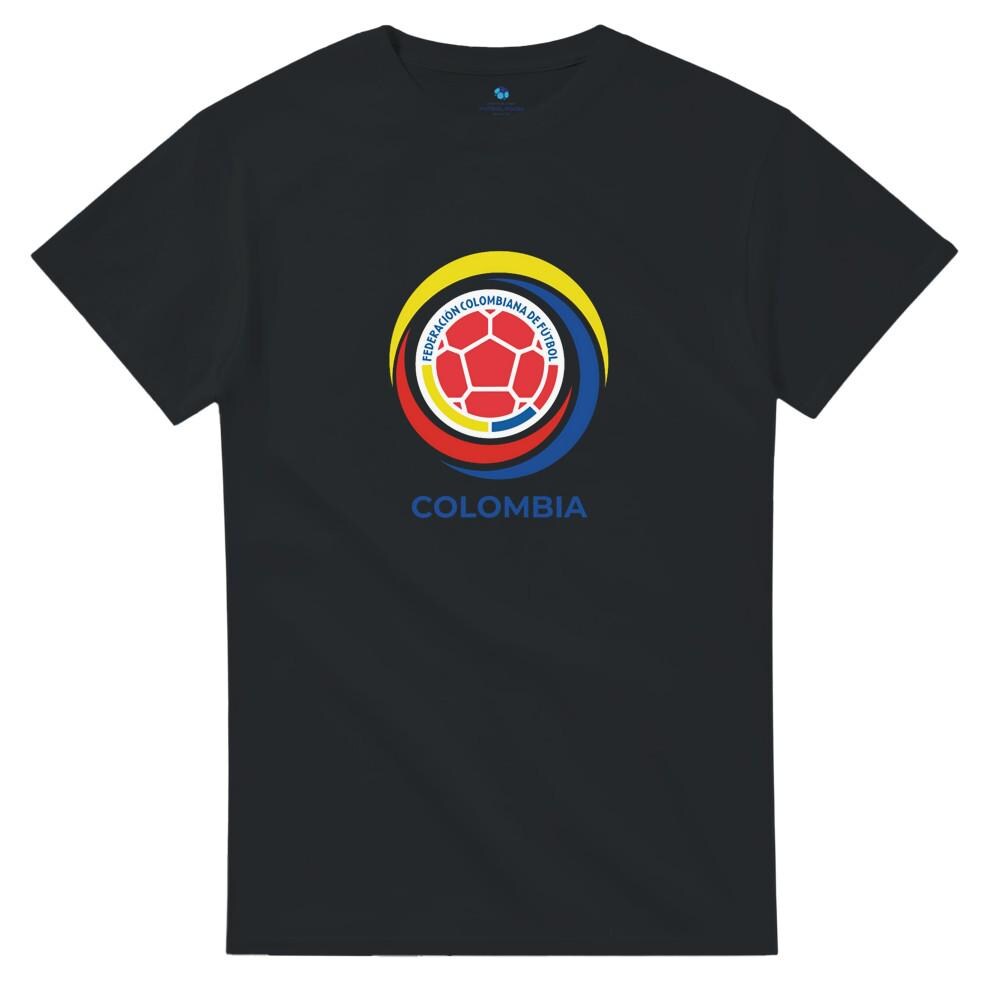 Black t-shirt with a colorful logo and 'Colombia' text on a white background