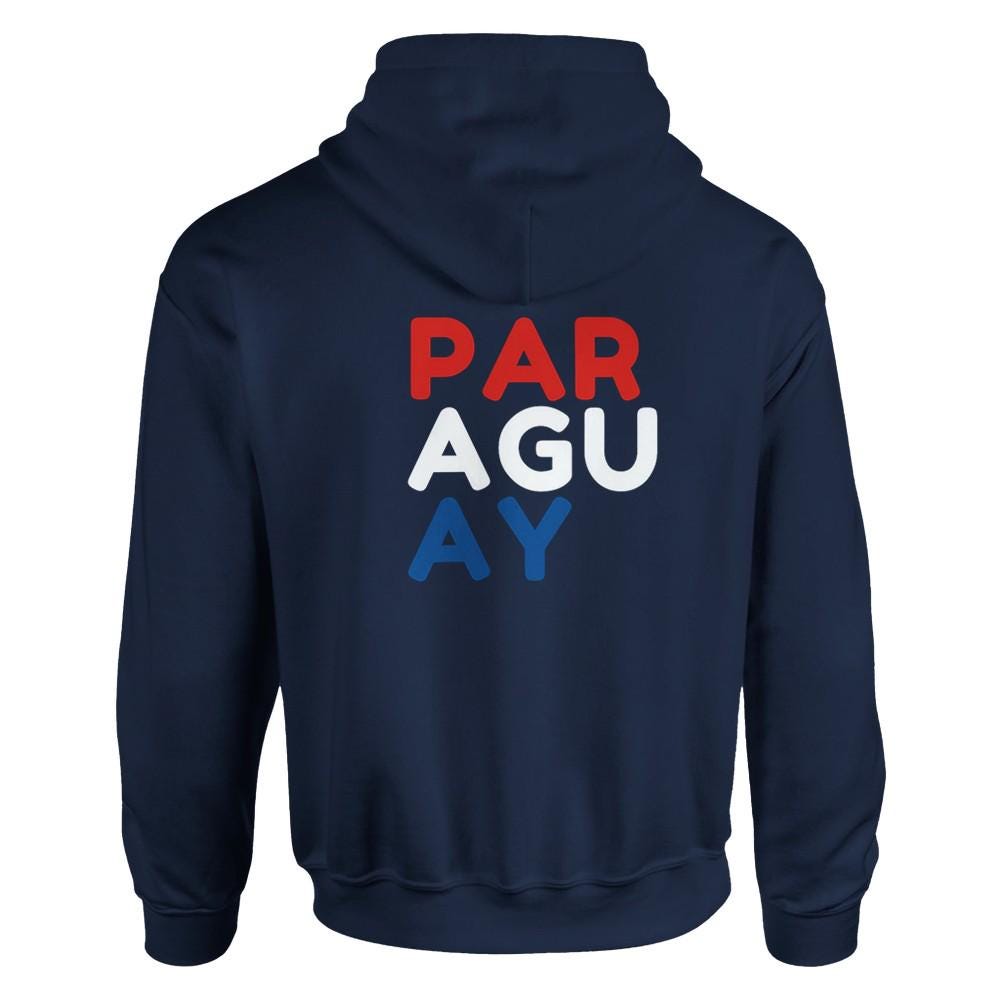 Navy blue hoodie with 'PARAGUAY' printed on the back in red, white, and blue.