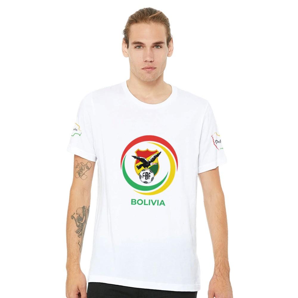 Man wearing a white t-shirt with Bolivia logo on a white background