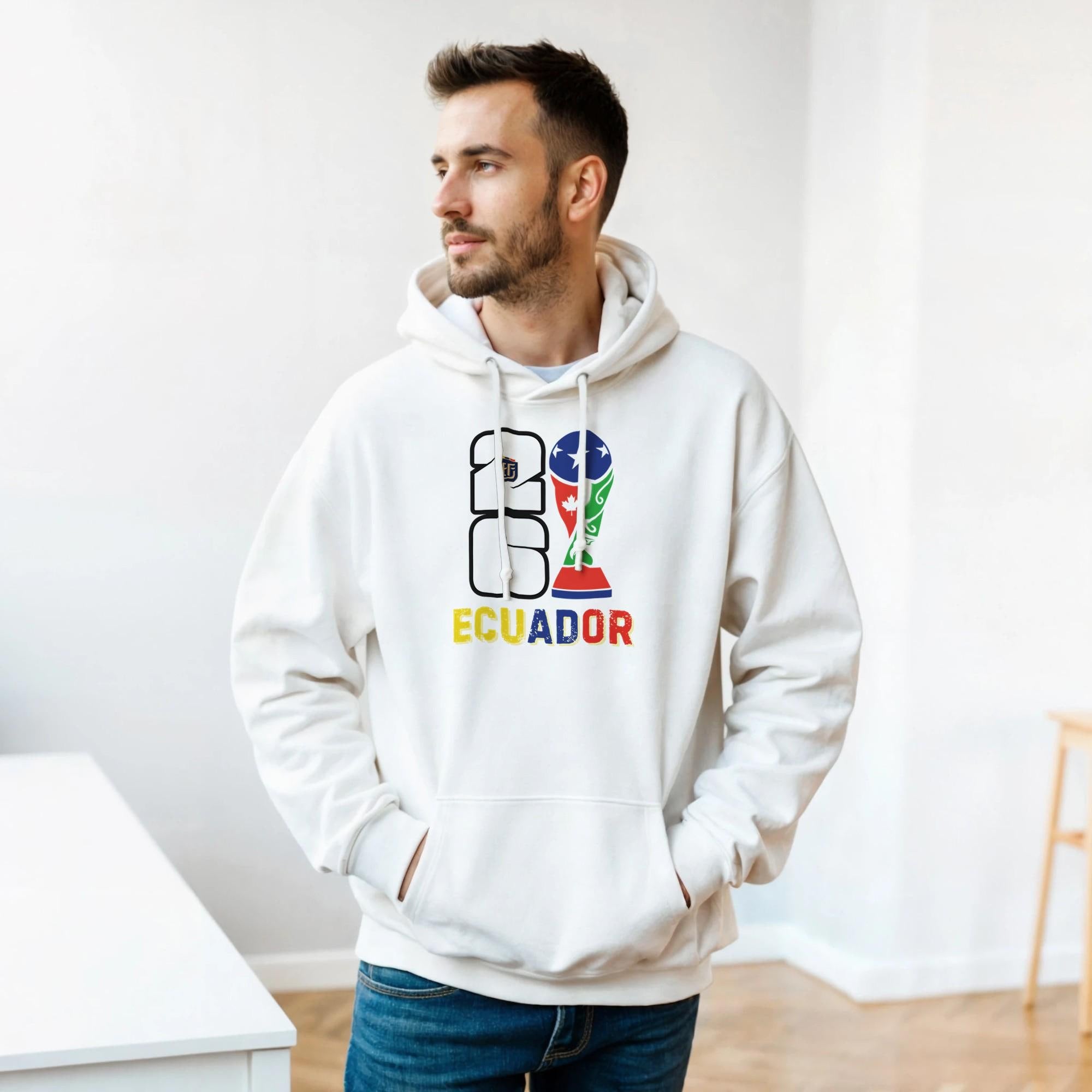 Man wearing a white hoodie with a colorful logo and 'Ecuador' text indoors.
