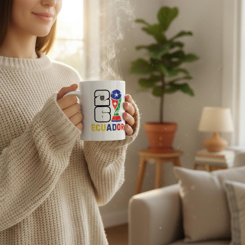 Person holding a mug with Ecuadorian flag design in a cozy living room.