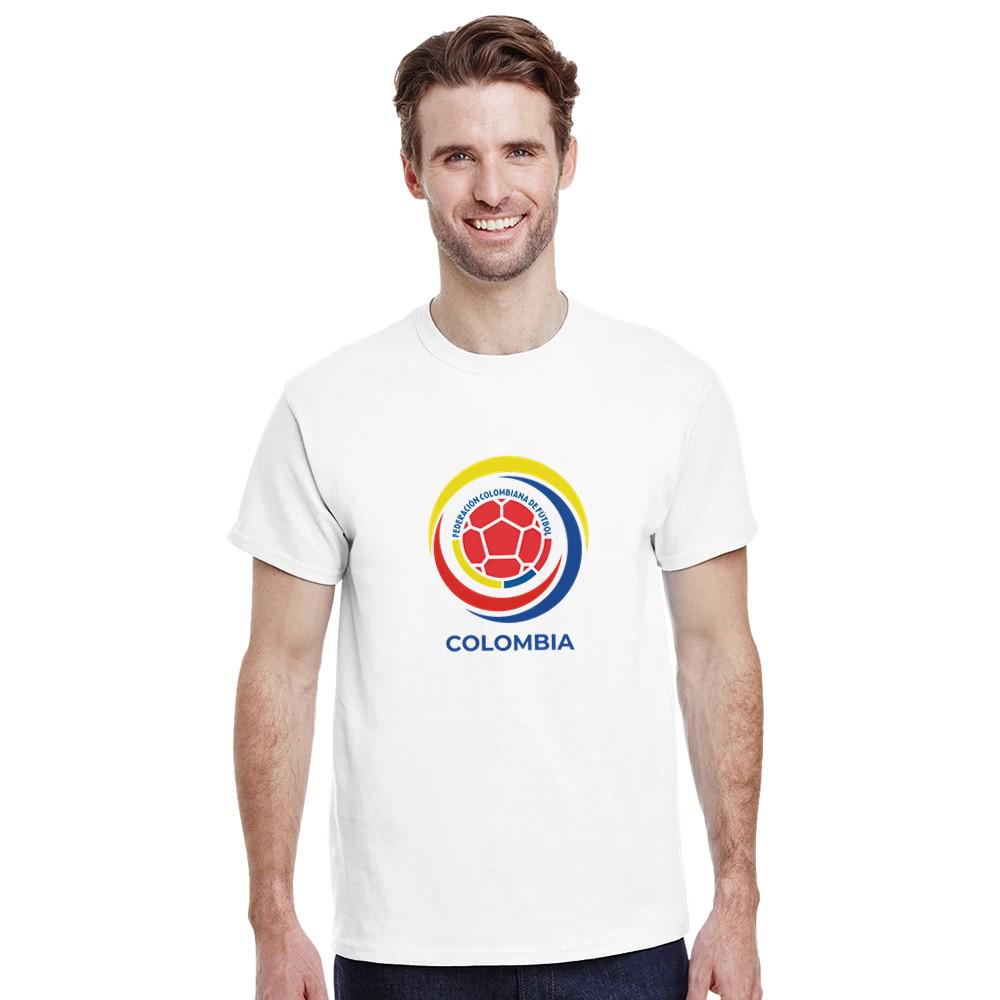 Man wearing a white t-shirt with a colorful logo and 'Colombia' text on a white background