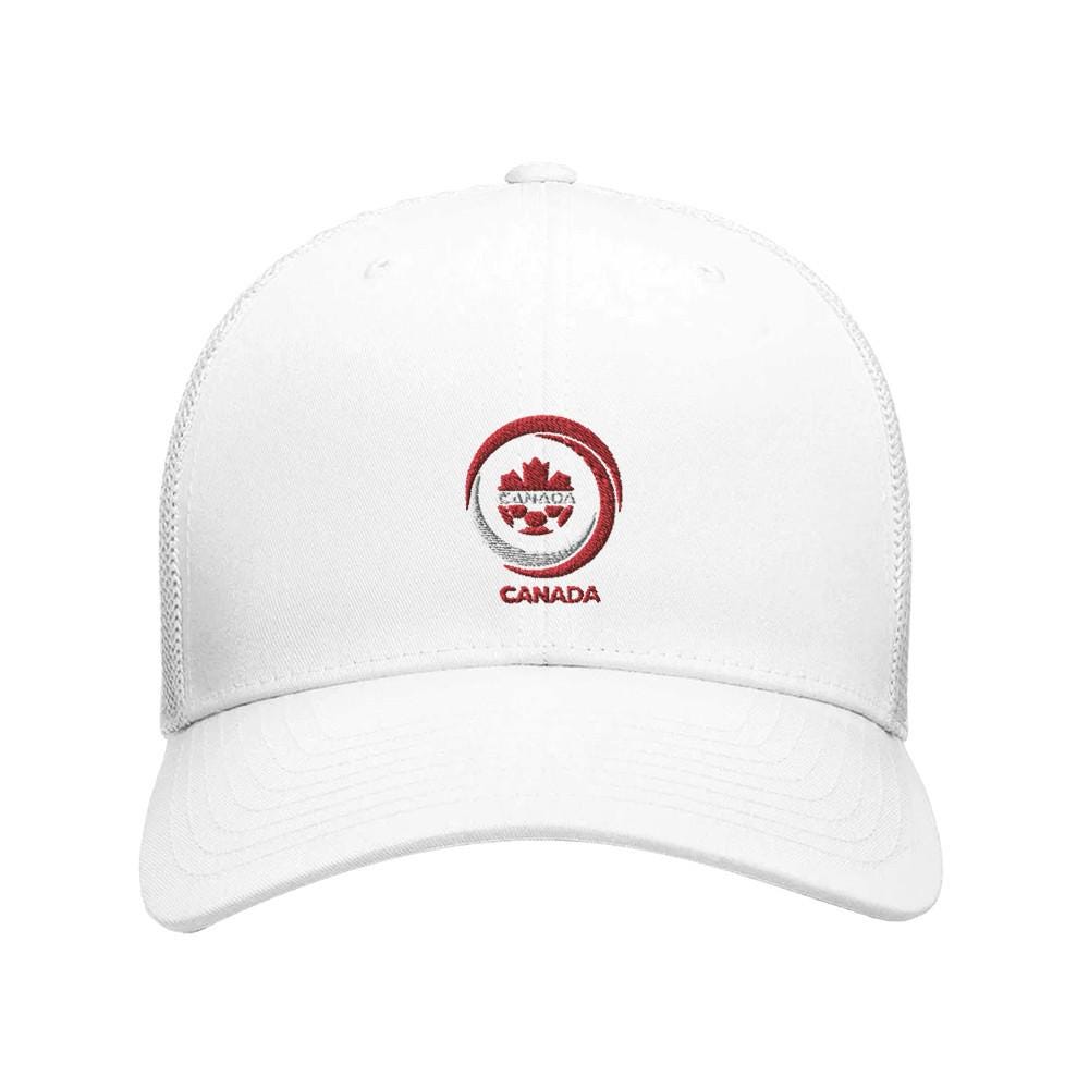 White cap with a red and black logo on a white background