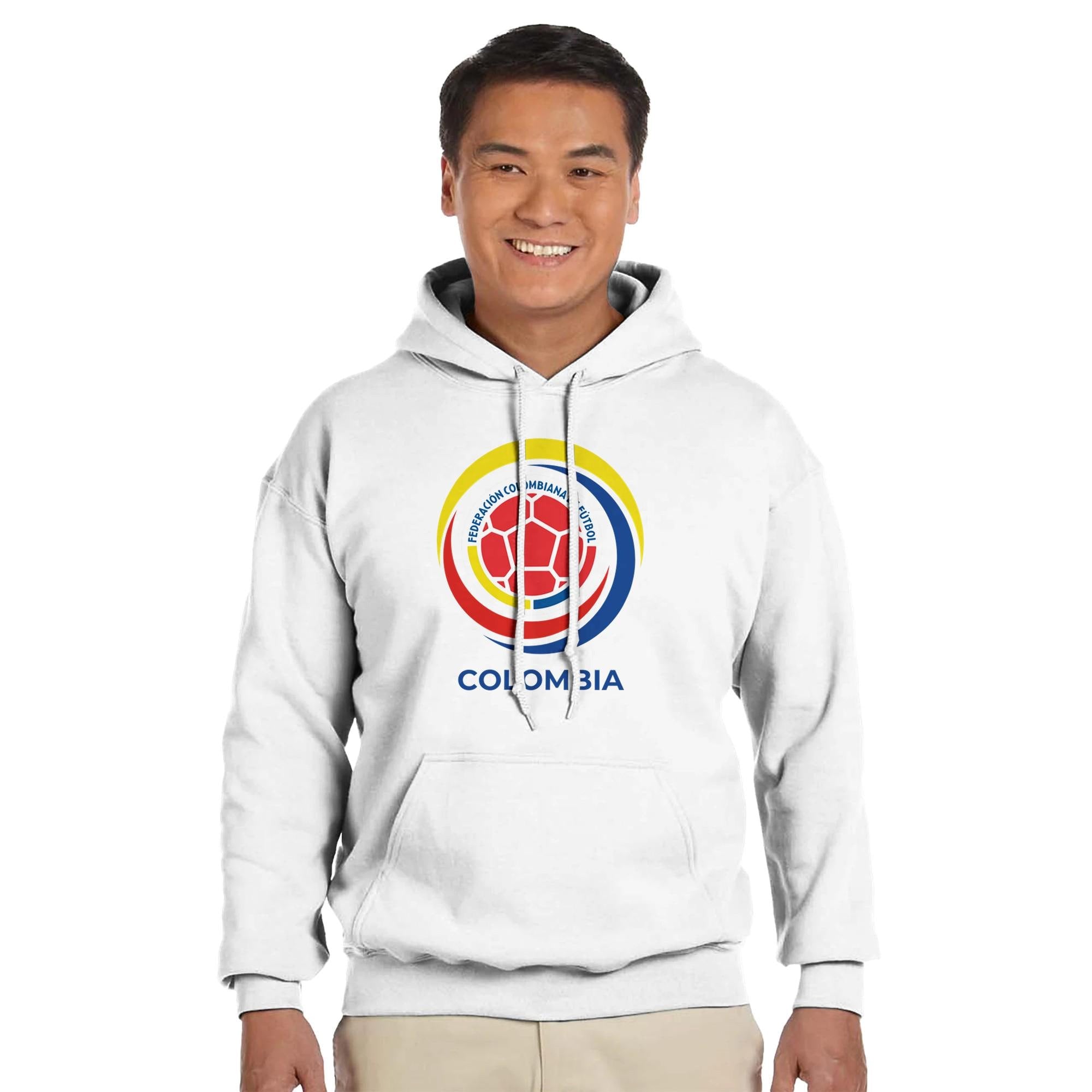 Person wearing a white hoodie with Colombia logo on a white background