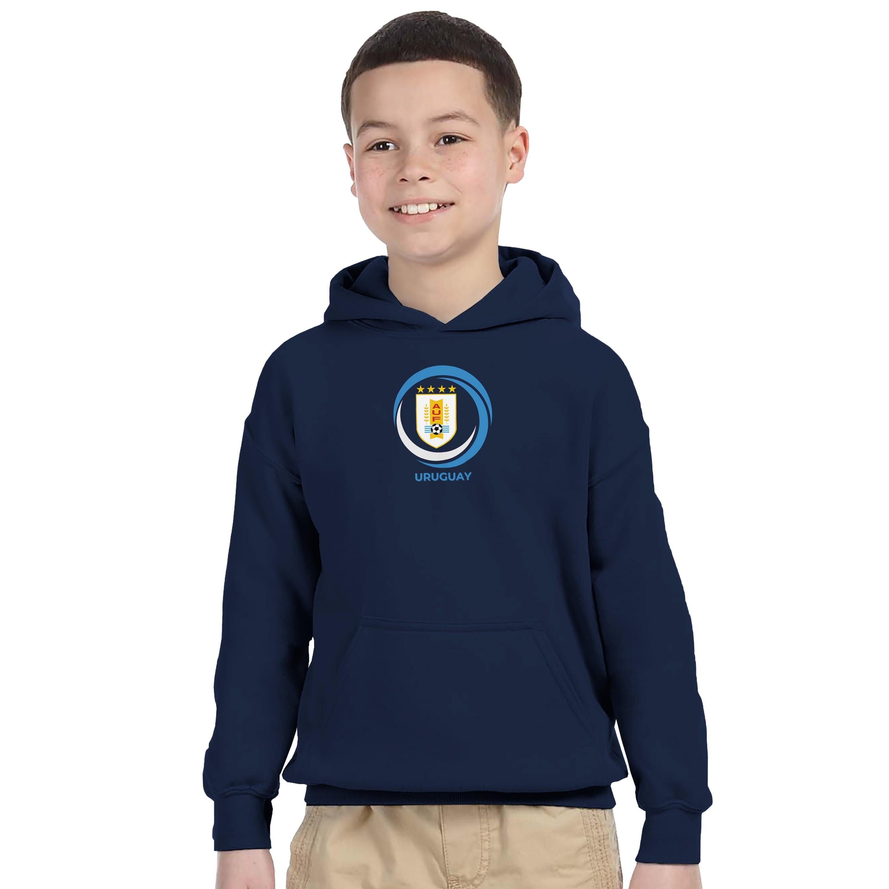 Child wearing a navy hoodie with a logo on a white background