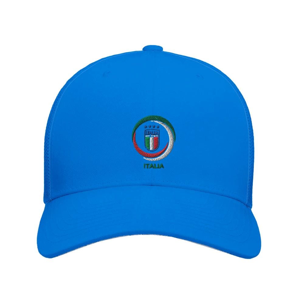 Blue cap with a logo on a white background