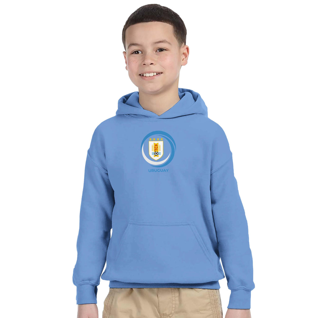 Child wearing a blue hoodie with a logo on a white background