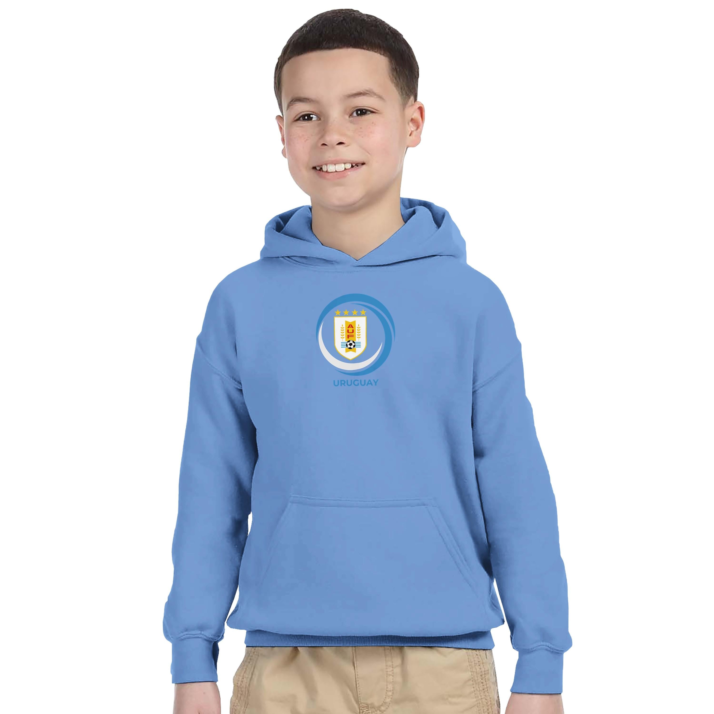 Child wearing a blue hoodie with a logo on a white background