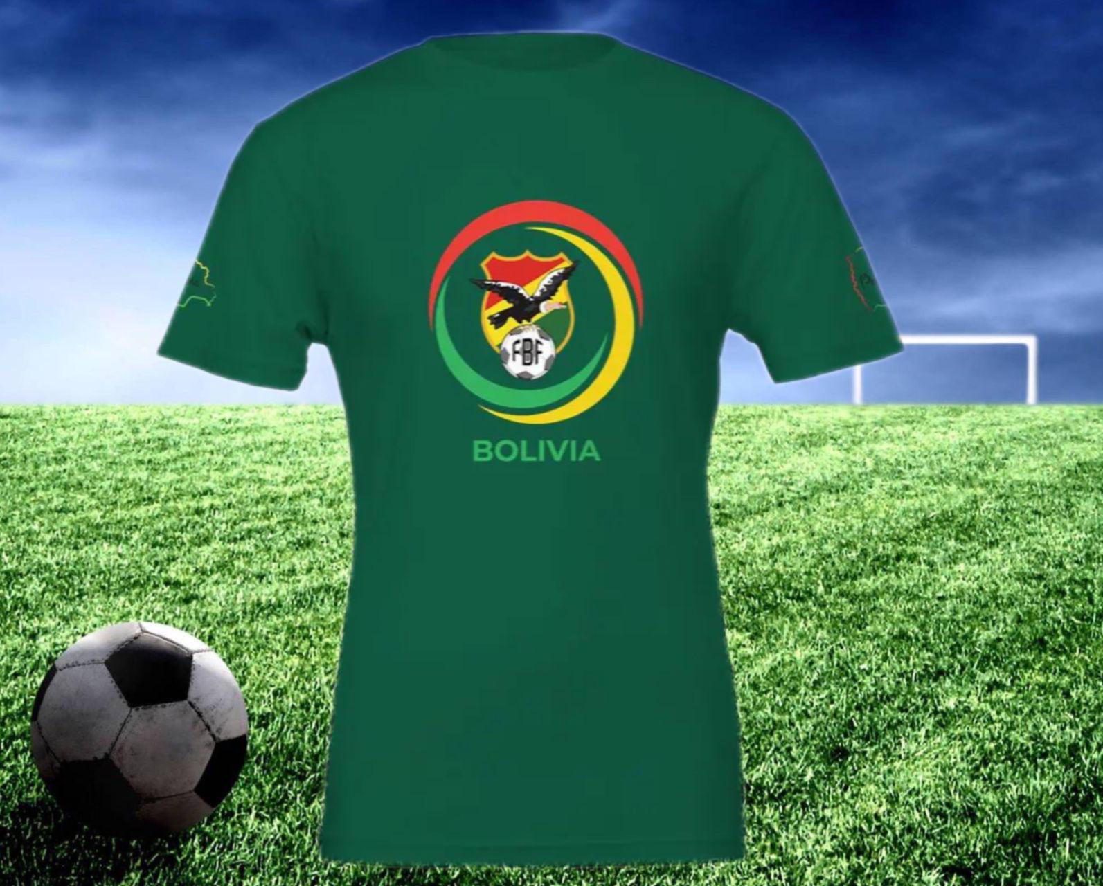 Green t-shirt with Bolivia logo on grass field