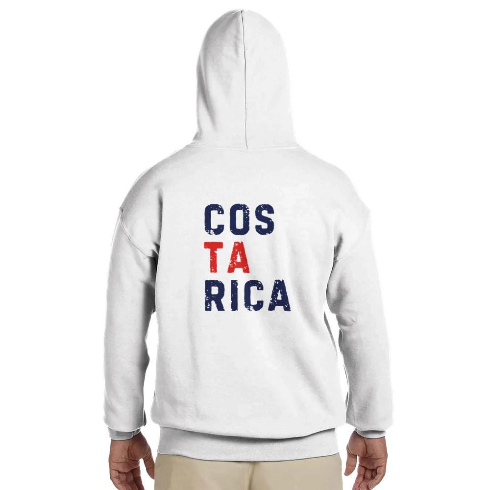 White hoodie with 'Costa Rica' printed on the back against a white background