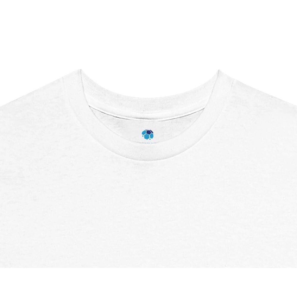 Close-up of a white t-shirt with a small logo on the collar against a white background