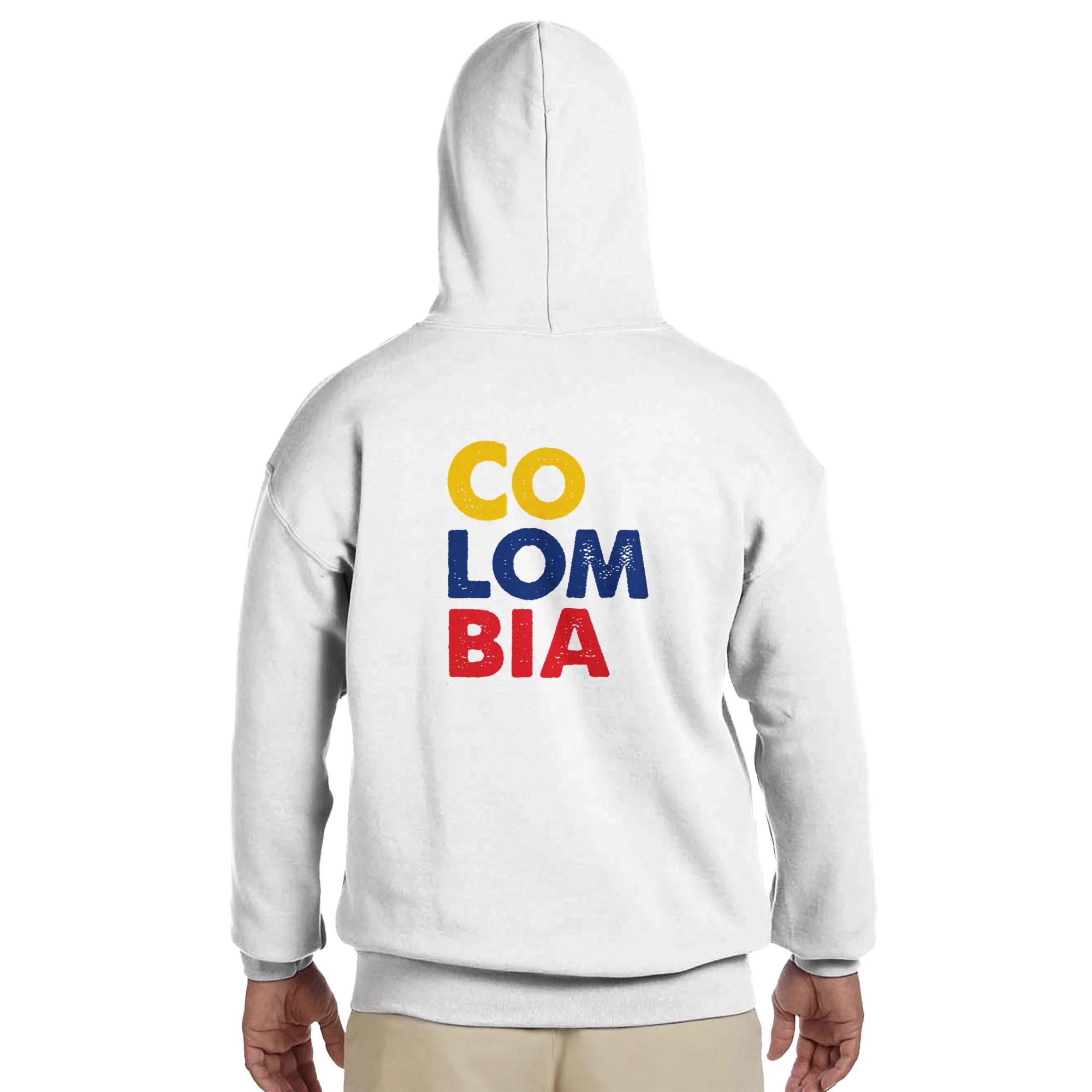 White hoodie with 'COLOMBIA' printed in colorful letters on the back against a white background