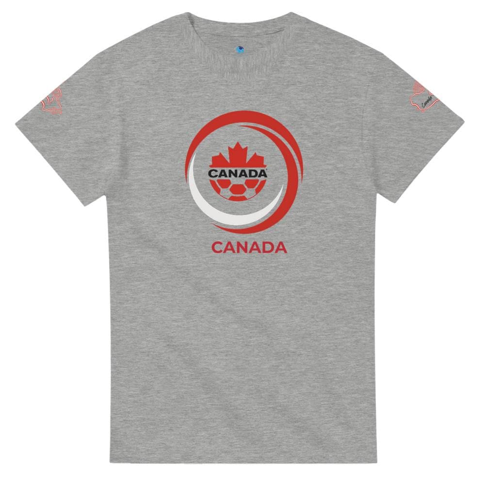 Gray t-shirt with Canada-themed design on a white background