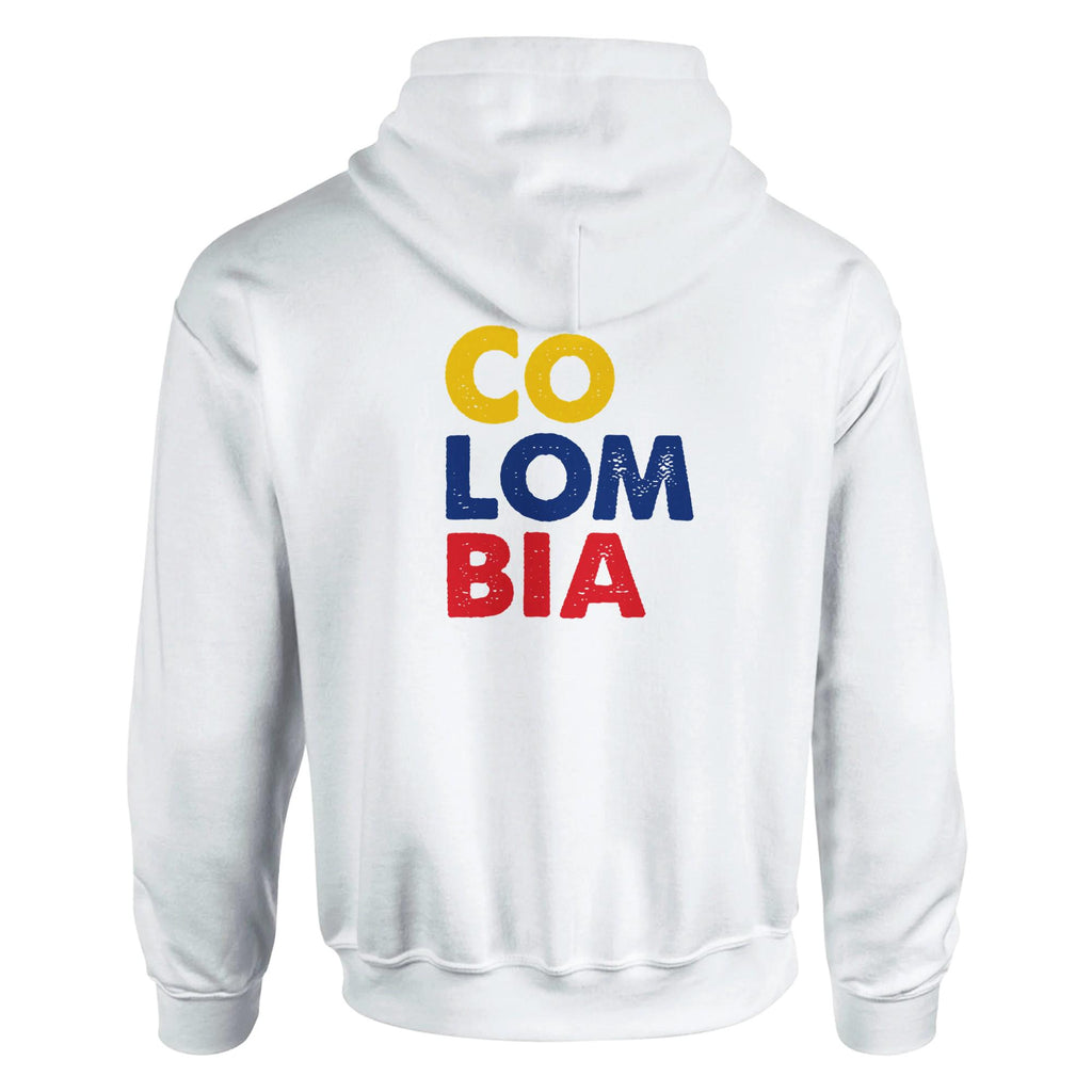 White hoodie with 'COLOMBIA' printed in colorful letters on the back against a white background