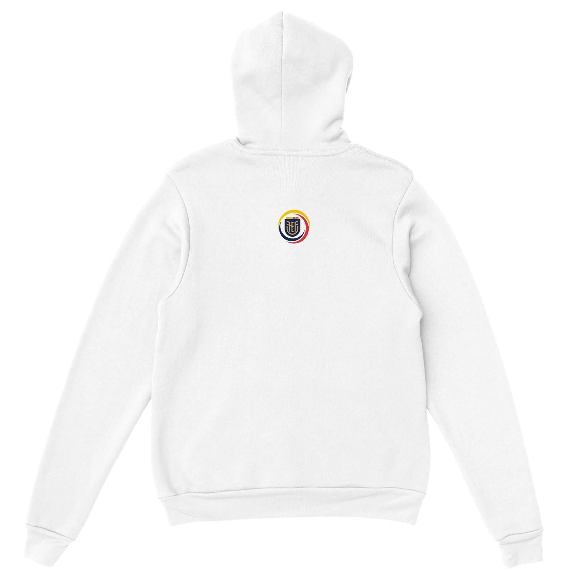 White hoodie with a colorful logo on the chest against a white background