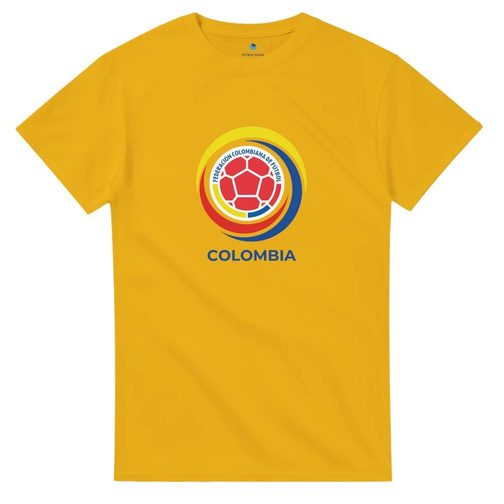 Yellow t-shirt with Colombia logo on a white background