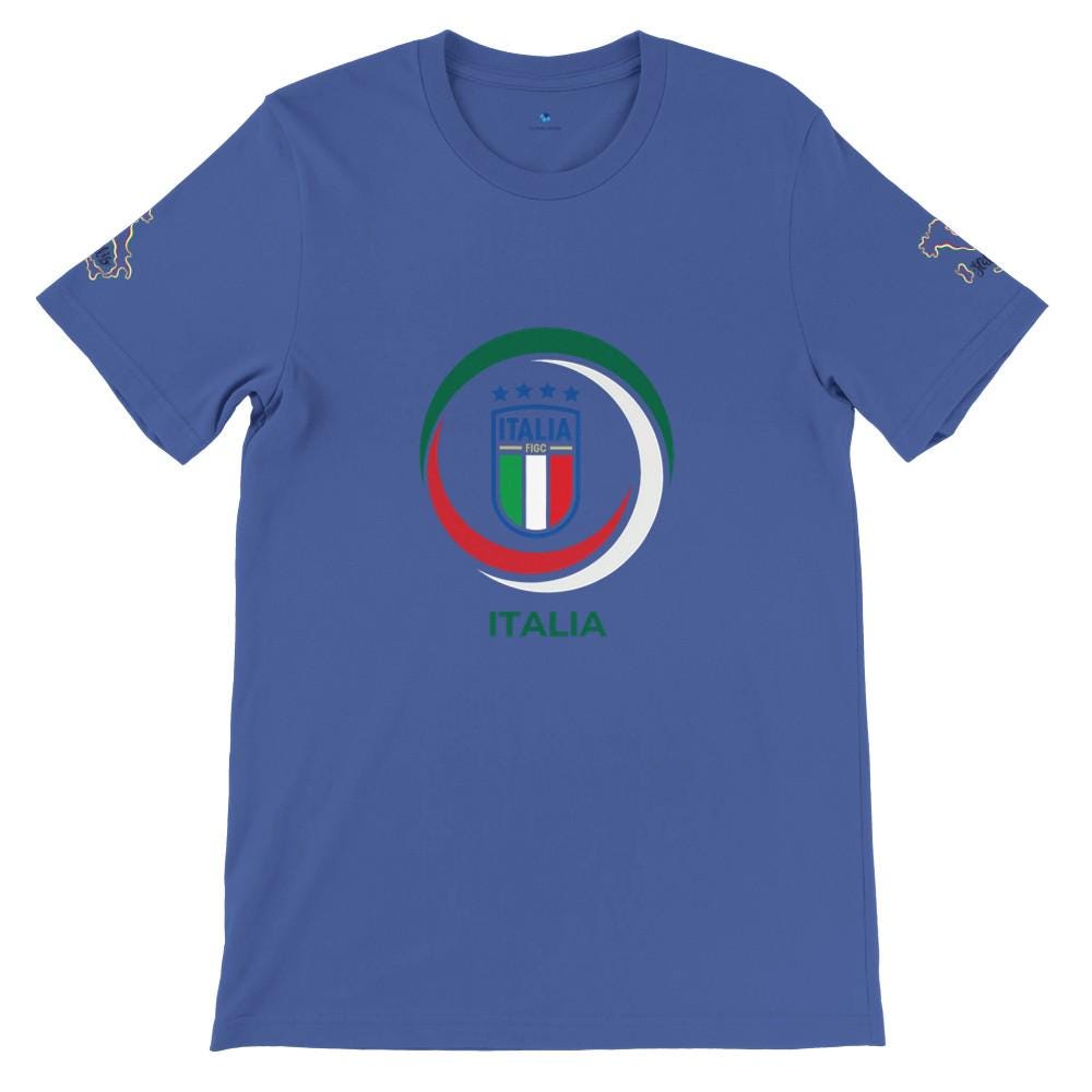 Blue t-shirt with Italian flag design on a white background