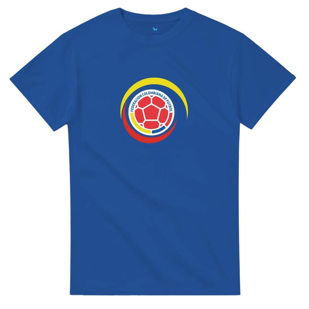 Blue t-shirt with a colorful logo on a white background