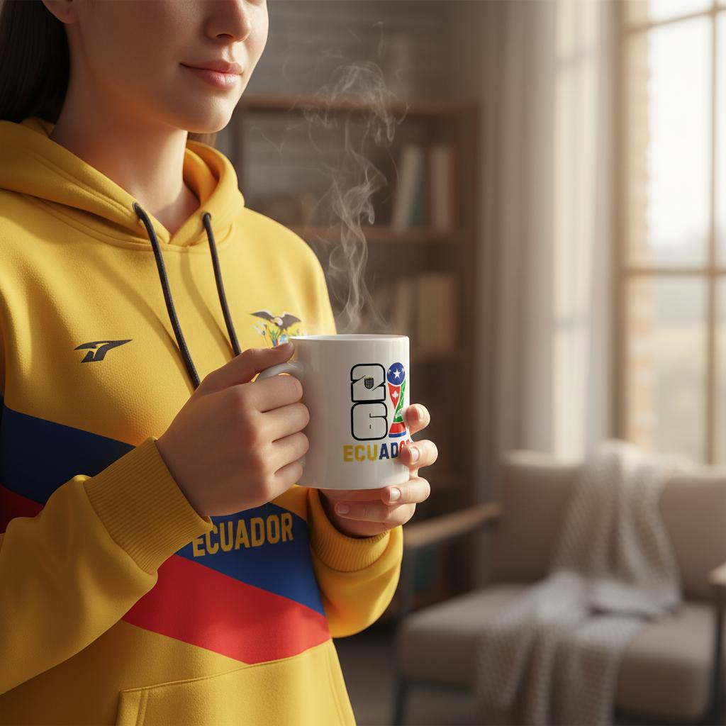 Person wearing a yellow hoodie with a colorful design, holding a mug with 'Ecuador' text.