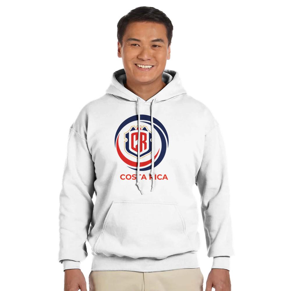 Person wearing a white hoodie with a logo and text on a white background
