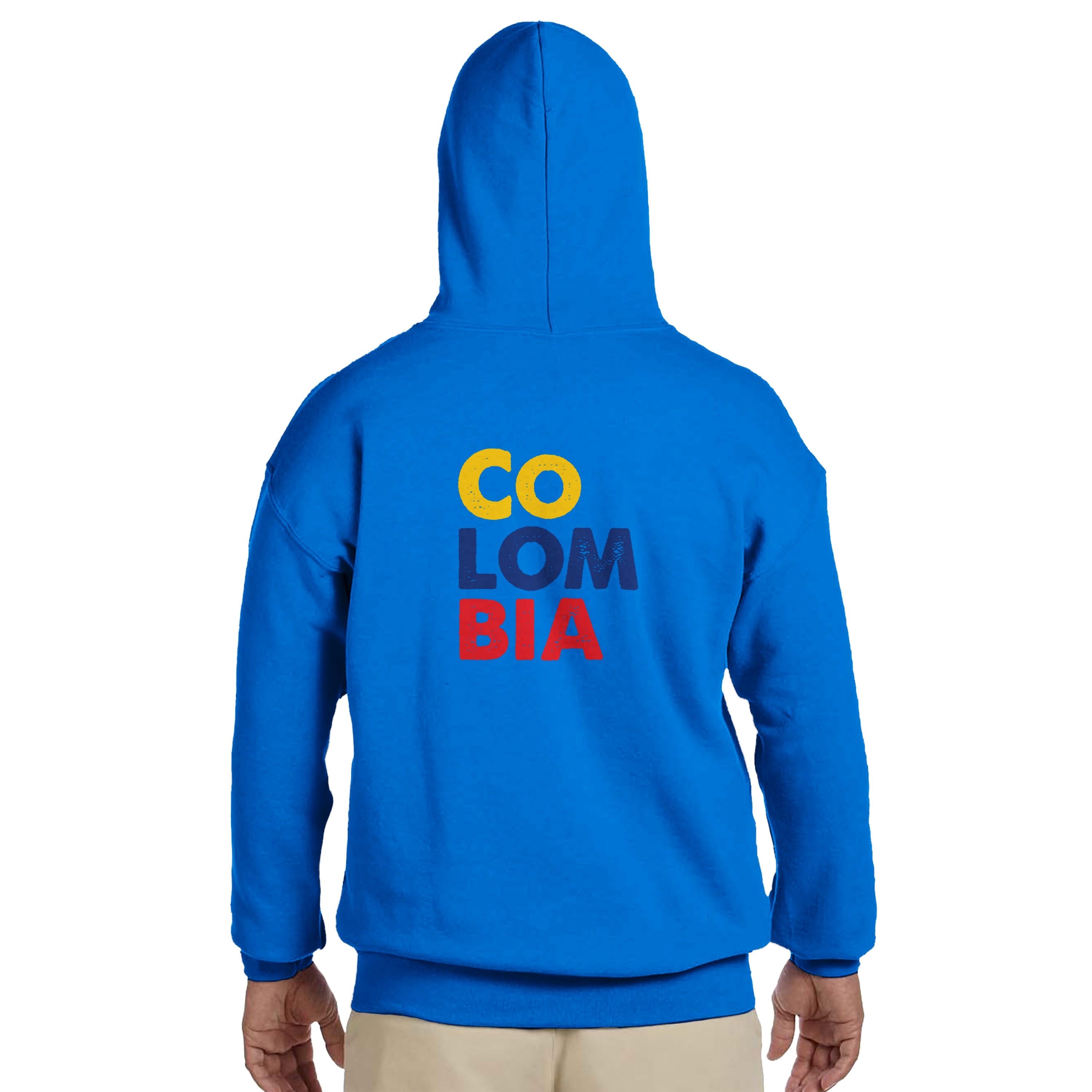 Blue hoodie with 'COLOMBIA' printed on the back against a white background