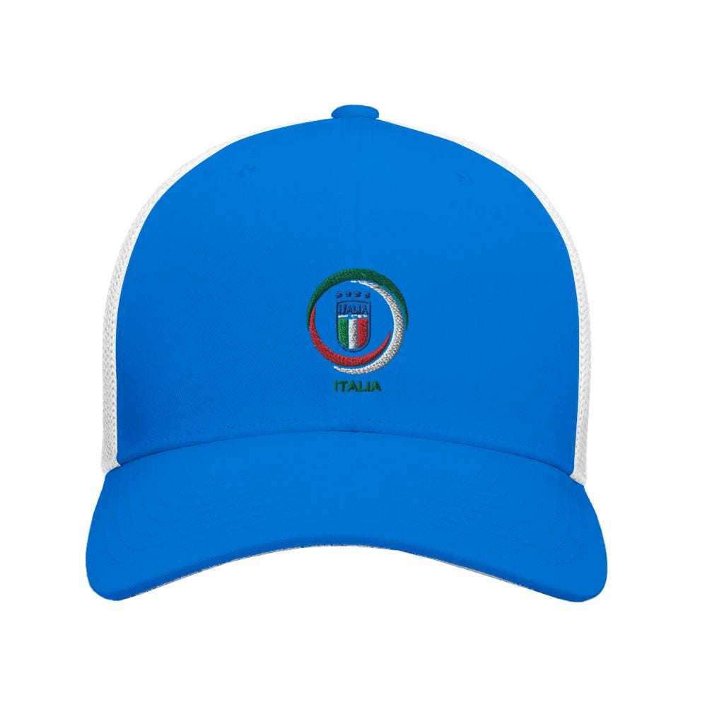 Blue cap with a logo on a white background