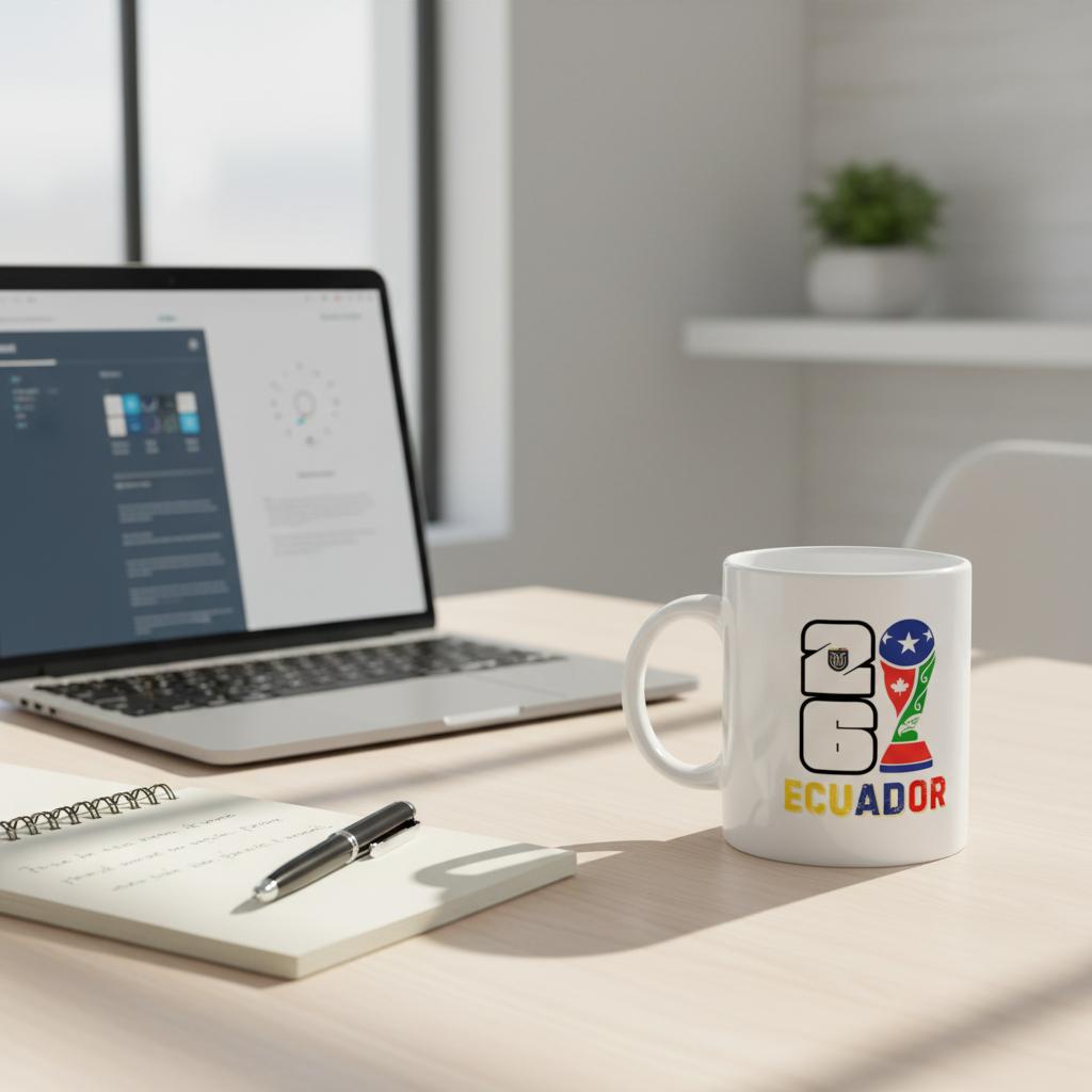Mug with Ecuador design on a desk next to a laptop and notebook.