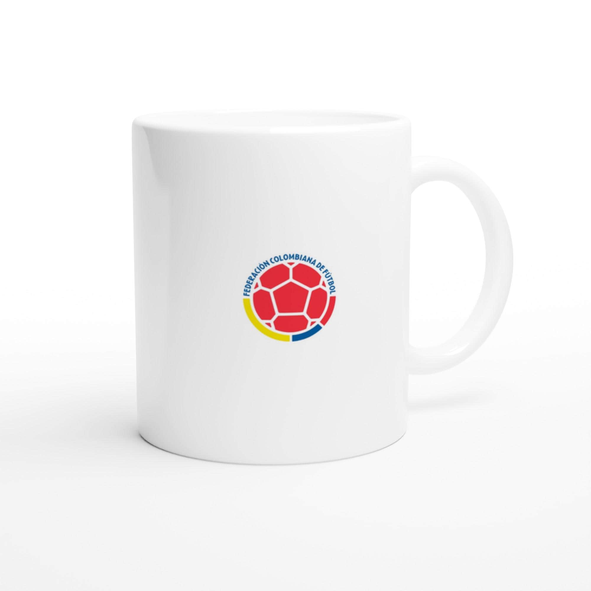 White mug with a colorful logo on a white background