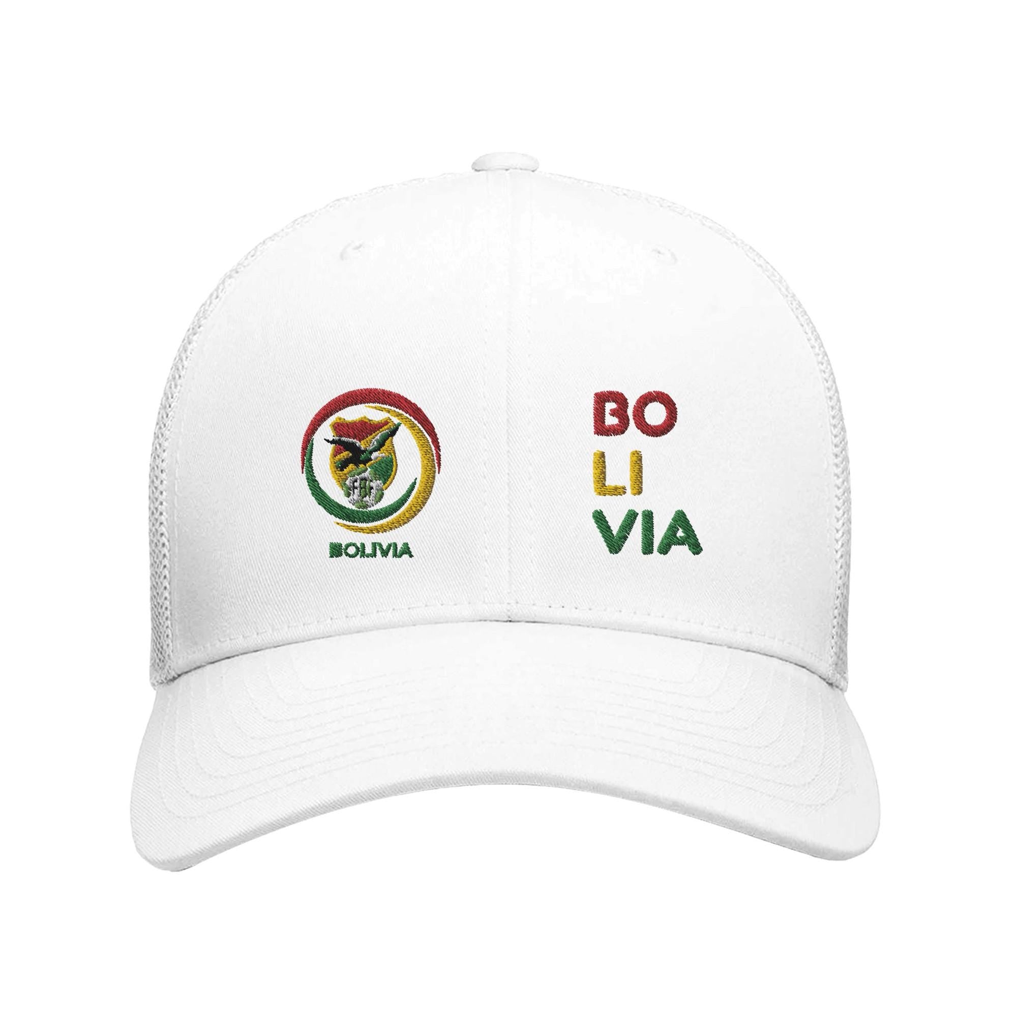 White cap with Bolivia emblem and text on a white background